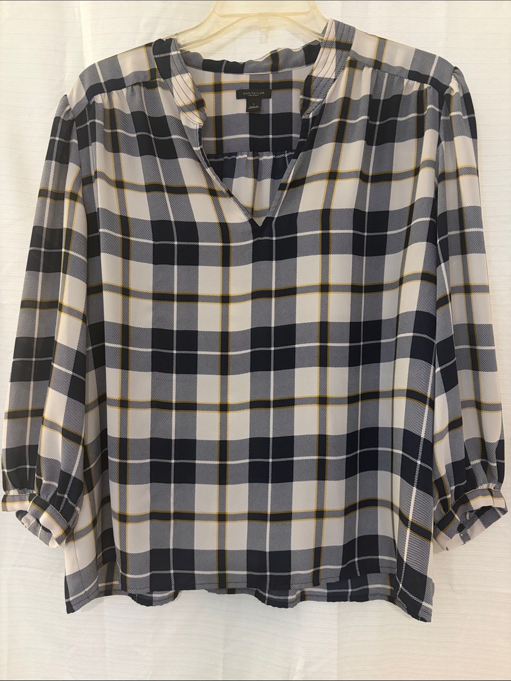 Ann Taylor Navy, White & Mustard Plaid V-Neck Blouse